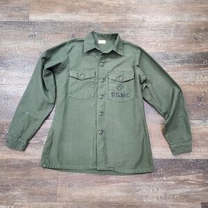 VINTAGE USMC 60'S ERA BUTTON UP GRERN SHIRT SIZE 15.5 X 35
